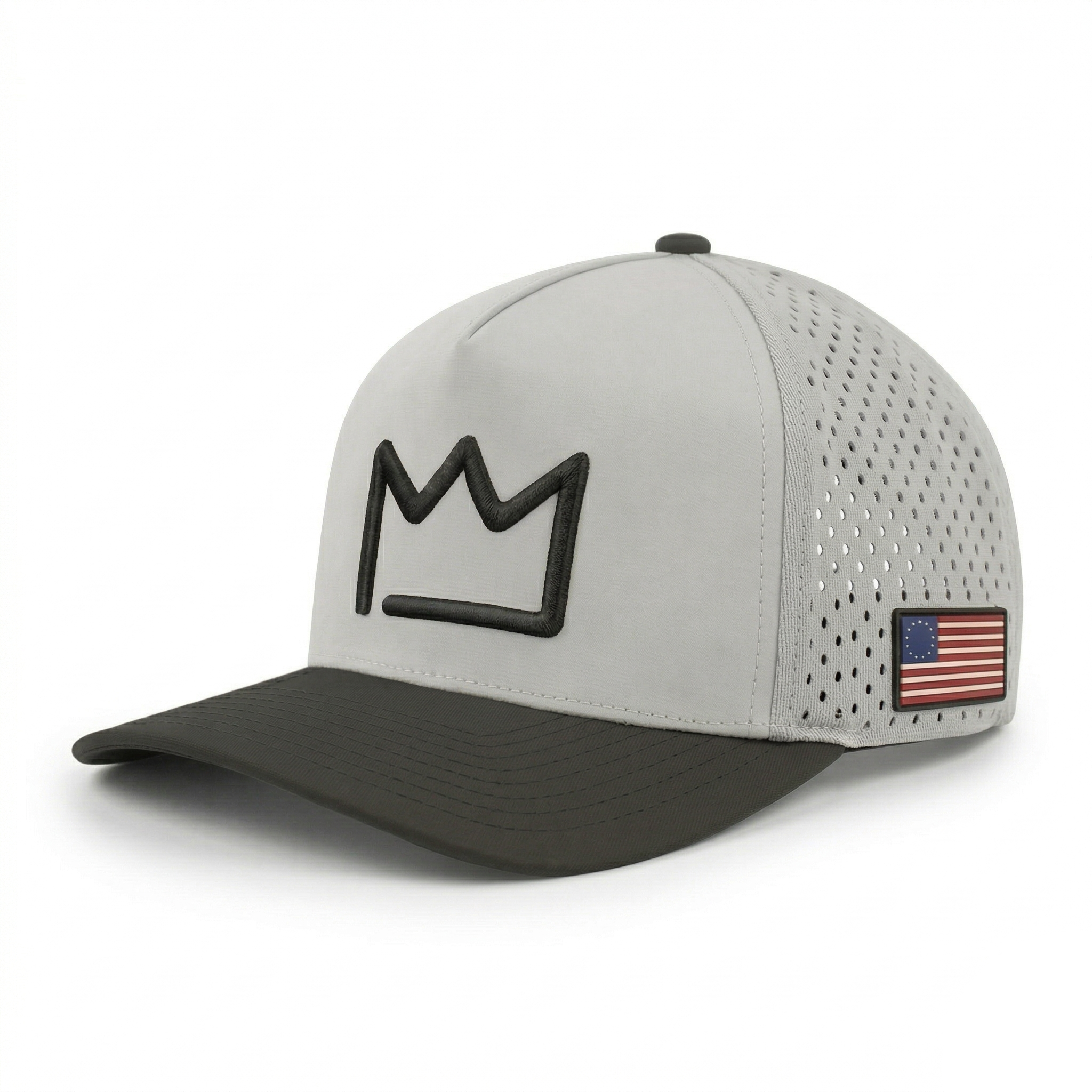 Gray and black cap with a crown logo and American flag patch on a white background